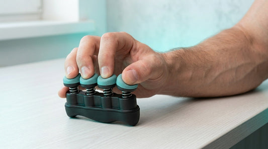 Person benutzt Fingertrainer an Schreibtisch – Fingertraining mit Reflexit Handgelenktrainer ergänzen
