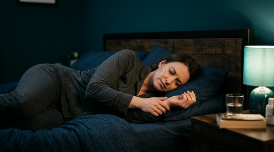 Person hält nachts schmerzende Handgelenke im Bett – Handgelenk schmerzen nachts Karpaltunnelsyndrom