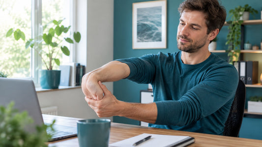 Person macht Handgelenkdehnung gegen Karpaltunnelsyndrom – Reflexit Handgelenktraining