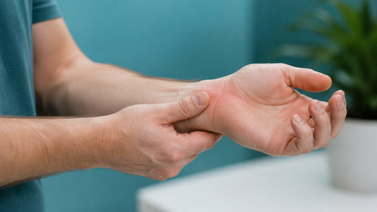 Person hält entzündetes Handgelenk – Sehnenscheidenentzündung Behandlung und Reflexit