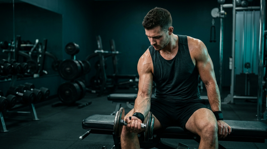 Athlet trainiert Unterarme mit Handgelenkübungen auf Gym-Bank – Reflexit Unterarmtrainer