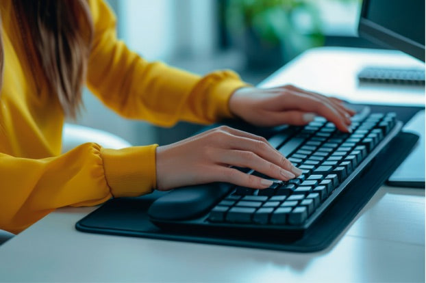 Eine Frau tippt auf einer Tastatur im Büro.