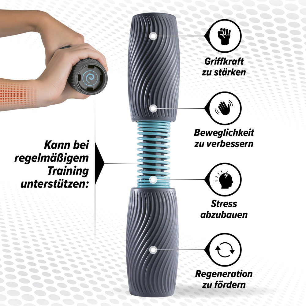 Unterstützt bei regelmäßigem Training: Griffkraft, Bewegichkeit, Stress Abbau.